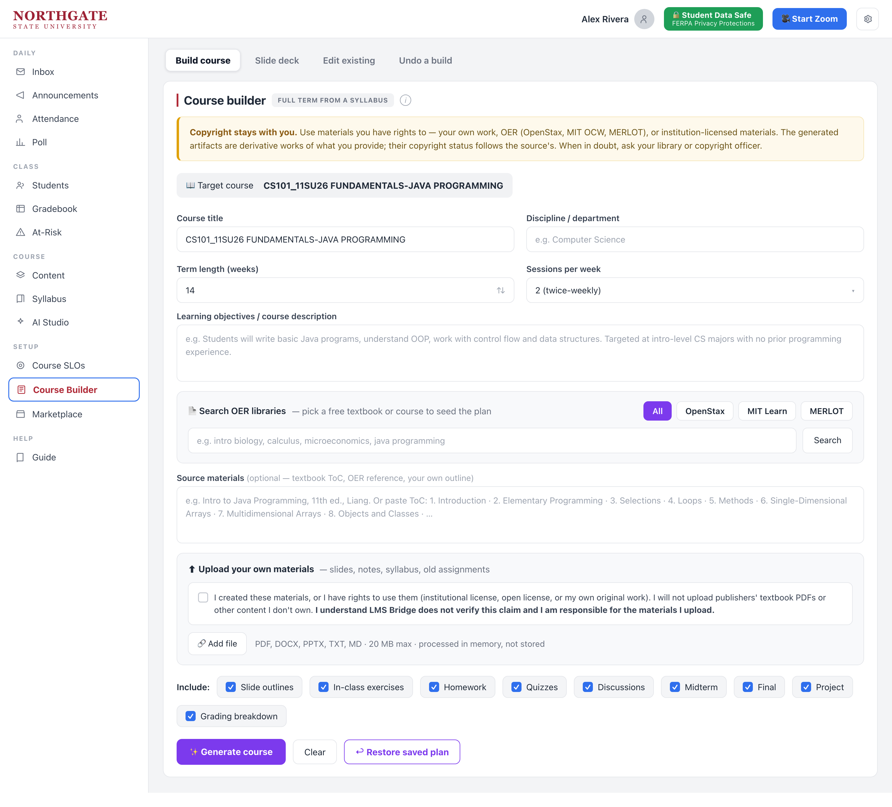Course Builder — build a full term from a syllabus